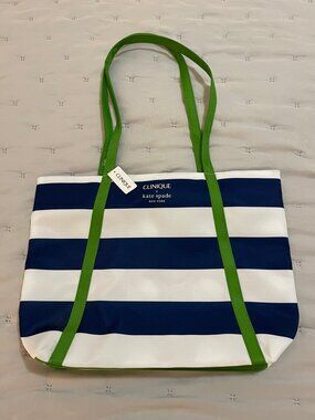NWT Clinique x Kate Spade New York Navy White Stripe Green Handle Tote Bag